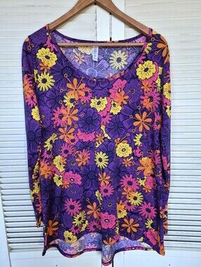 LuLaRoe Purple Floral Long Sleeve Top with Pink & Yellow Accents Size Large